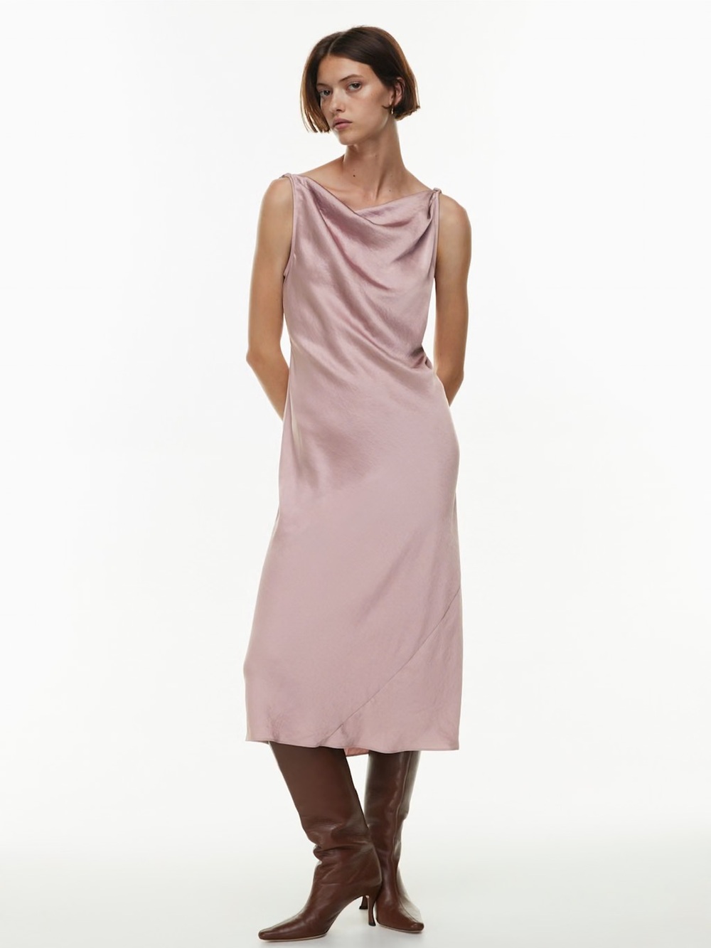 Wilfred Aritzia Goddess Dress Satin Cowl Neck Dusty Rose Claremont